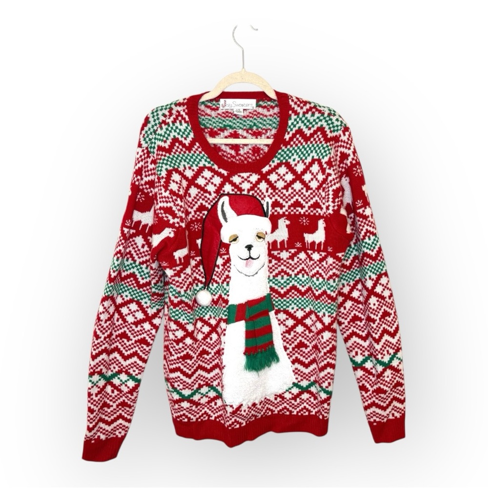 Jolly Sweaters Santa Llama Christmas Sweater Ugly Holiday Knit Large